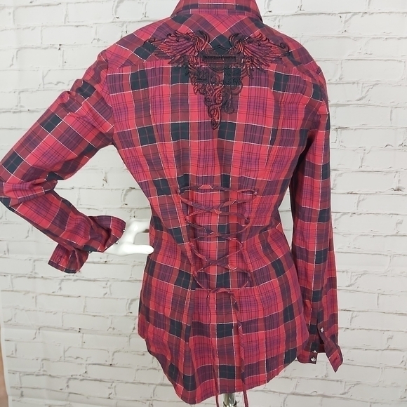  Harley Davidson Plaid Lace up Back Button Down Shirt - Picture 4 of 10